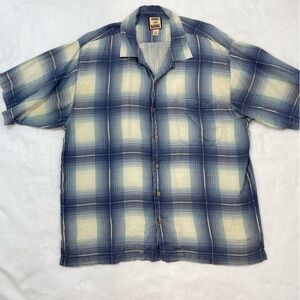 Tommy Bahama silk short sleeve geometric big plaid shirt cream & blues Sz Large 
